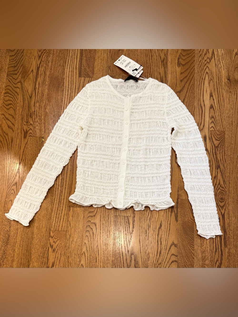 Zara White Textured Button-Front Ruffle Hem Cardigan